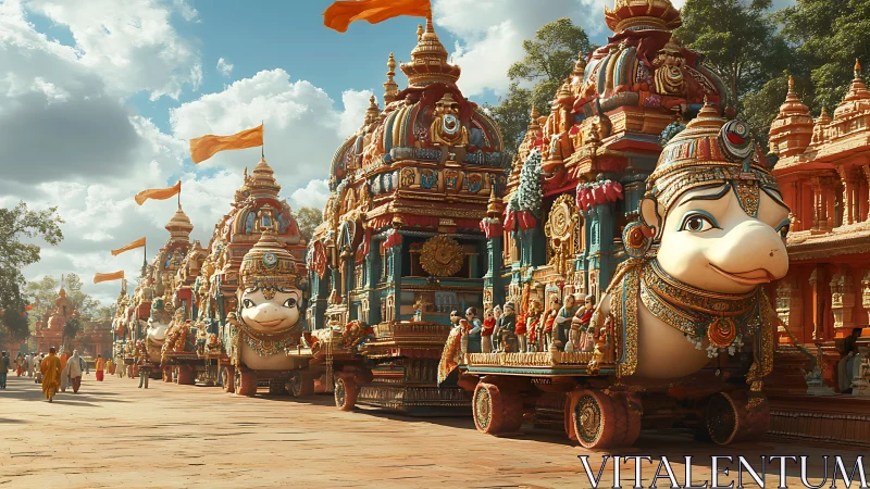 Ornate temple chariots with mythic animal carvings parade.