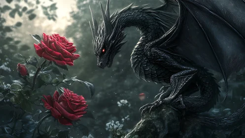 Curious black dragon quietly discovers glowing crimson roses