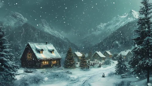 Luminescent alpine cabins in snow-laden nocturnal valley.