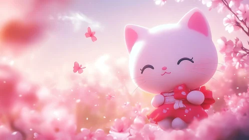 Softly lit chibi cat figurine in shallow depth pink blossom field