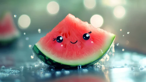 Smiling kawaii watermelon slice rendered in luminous digital bokeh