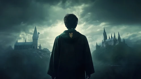 Young wizard faces twin gothic castles under storm sky.