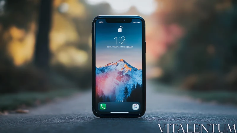 iPhone displaying mountain landscape with lock screen interface.