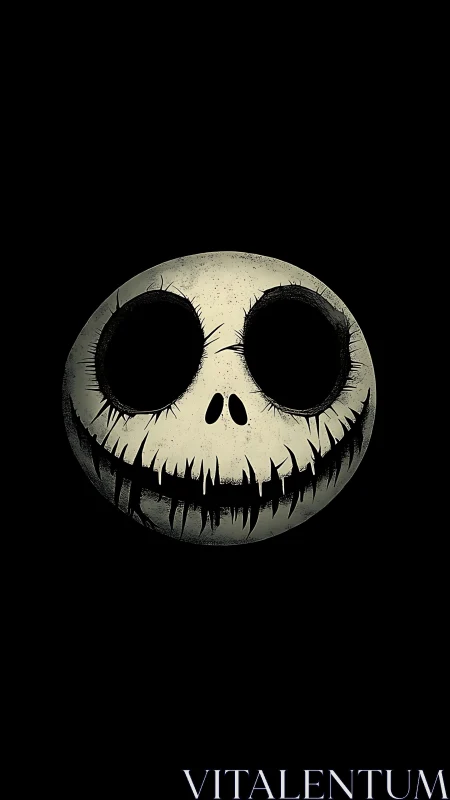 Grim cartoon skull face on black minimalist background.