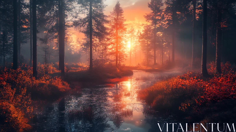 Forest Stream at Golden Sunrise with Mist.