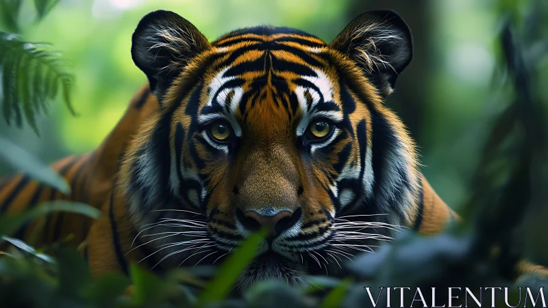 Quiet tiger gaze welcomes you into a calm green jungle