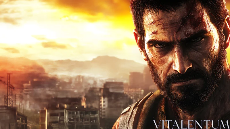 Scarred bearded man against burning urban sunset skyline.