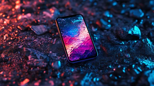Neon smartphone rests on wet ground in vivid cyber glow