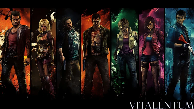 Seven armed figures stand in segmented colored panels