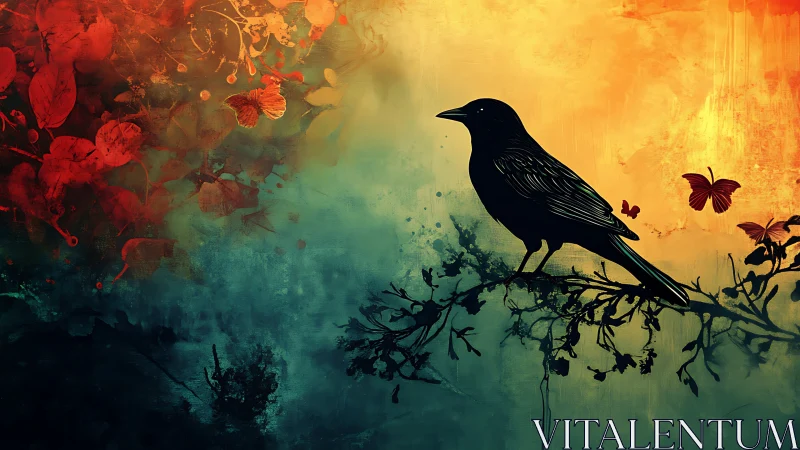 Silhouetted corvid on branch with bifurcated chromatic sky.