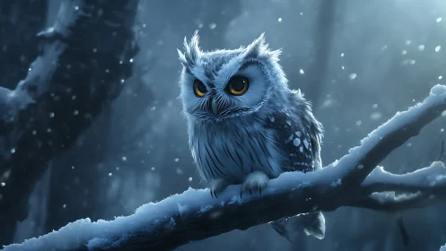 Majestic Snowy Owl on Frosted Branch in Dreamy Winter Forest Scene.