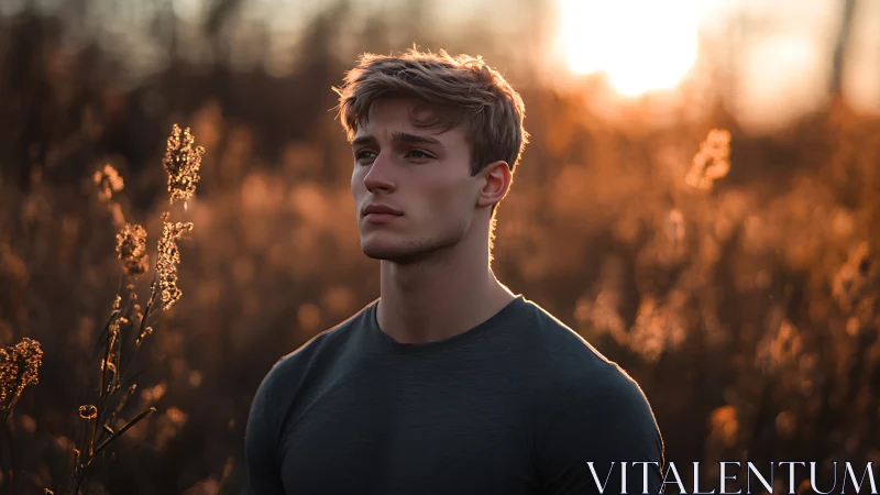 Young adult in field at sunset with warm backlighting.
