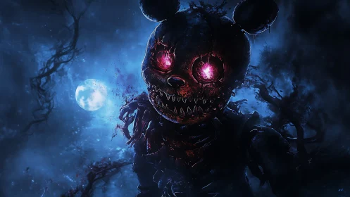 Nightmare animatronic bear stalks beneath a haunted moon.