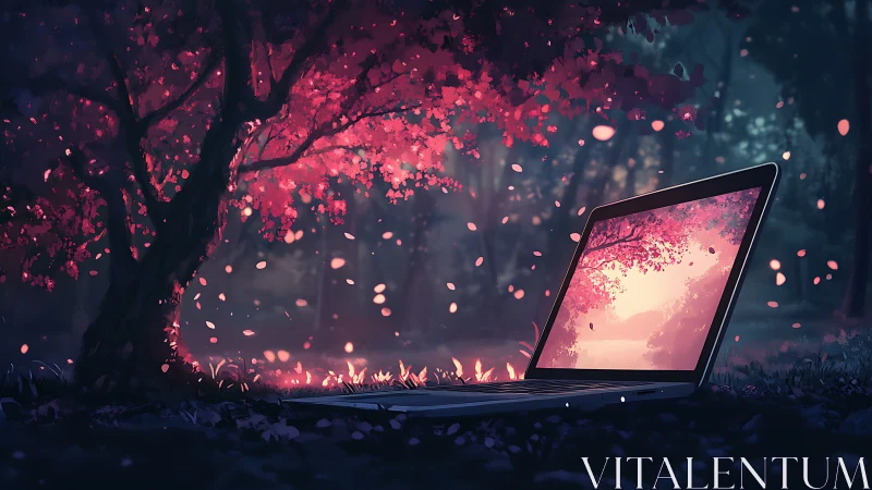 Laptop glows under pink forest canopy, blending nature and tech
