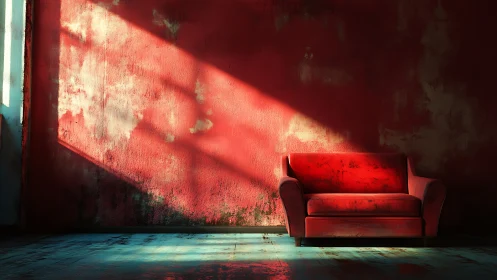 Red couch in worn interior with angled sunlight beams.