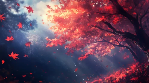 Red maple tree dominates forest clearing under soft light