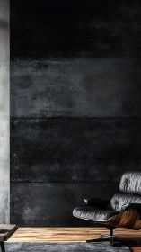 Ergonomic leather lounge chair against dark concrete wall.