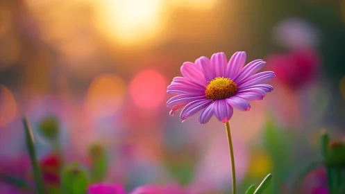 Sunlit pink daisy basking in a dreamy evening garden.