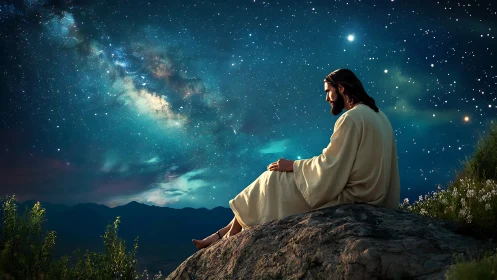 Solitary robed figure contemplates stars over silent valley.