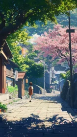Child walks sunlit stone street under spring cherry trees