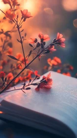 Red flowers and open book with warm backlit illumination.