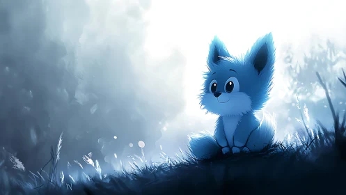 Blue cartoon fox sits on misty backlit forest hill
