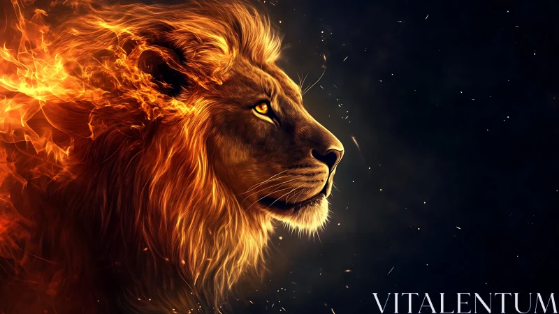 Inferno-maned lion gazes through darkness with molten calm.
