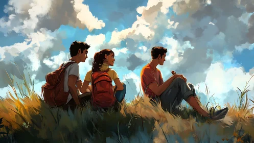 Three Youth Overlooking Expansive Landscape Under Cloud-Filled Sky.