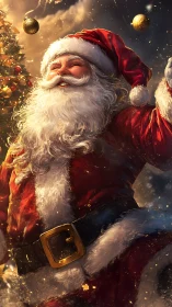 Santa Claus figure in red suit beside decorated tree.