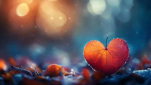 Luminous Autumn Ember: Heart-Shaped Leaf Gleams Against Twilight