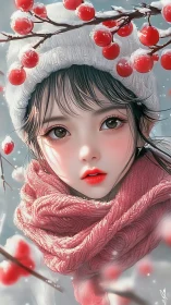 Winter girl with rosy scarf and berries in gentle snowfall.