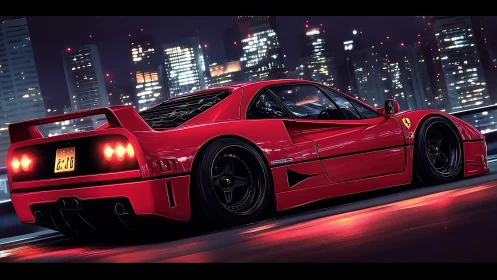 Red supercar glowing against a sleek neon city skyline.