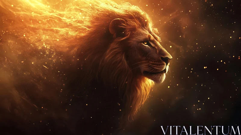 Solar-maned lion drifting through a nebula of embers.