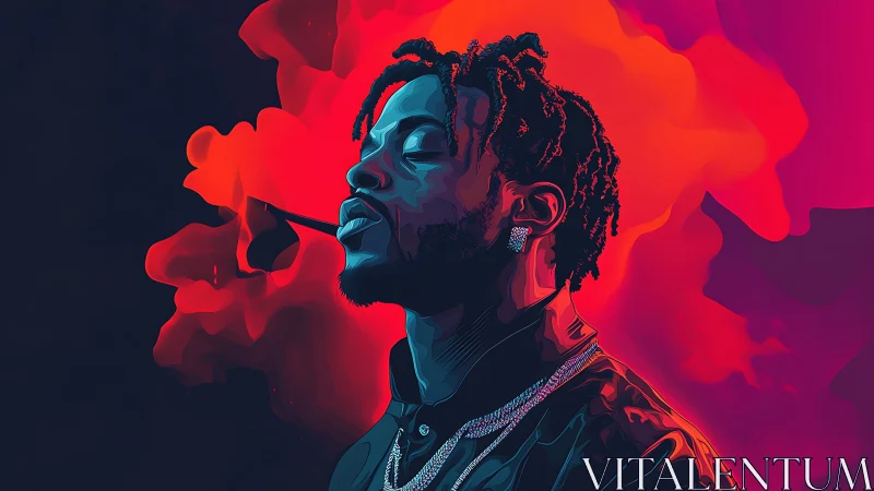 Vector portrait profiles neon-lit man in red vapor plume