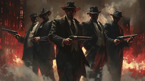 Five armed gangsters stand in smoky red city streets at night