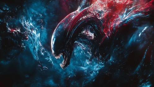 Cosmic creature surges through swirling red and blue nebula