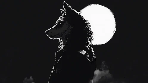 Lone wolf in moonlit jacket quietly owning the night sky.