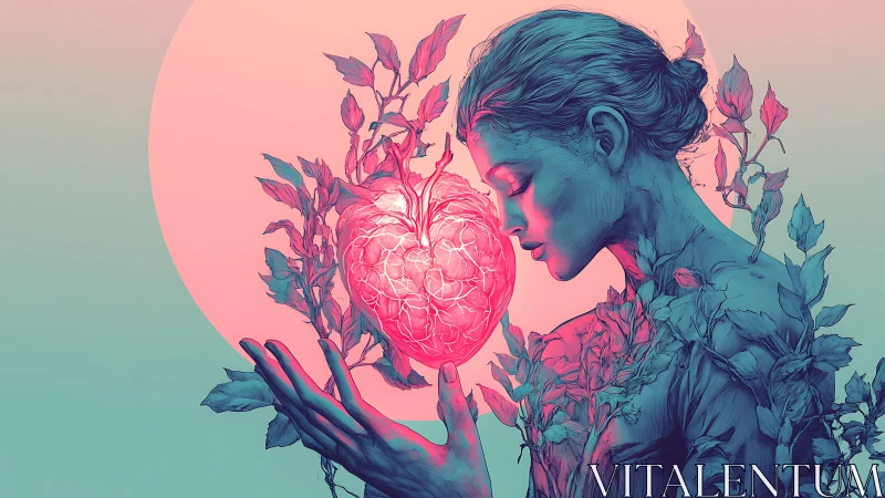 Woman Holding Glowing Heart with Botanical Elements.
