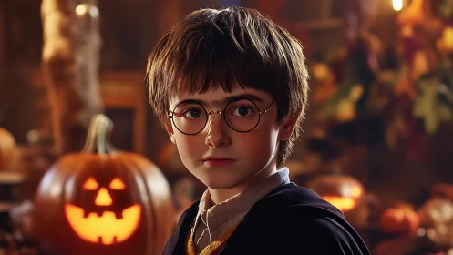 Young boy in wizard costume beside glowing pumpkin decor.