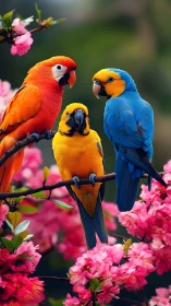 Vibrant macaws perch amid saturated pink blossom boughs.