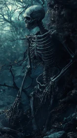 Forest cryptkeeper skeleton resting in misty twilight gloom.