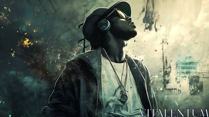 Digital portrait of urban man with headphones in motion.