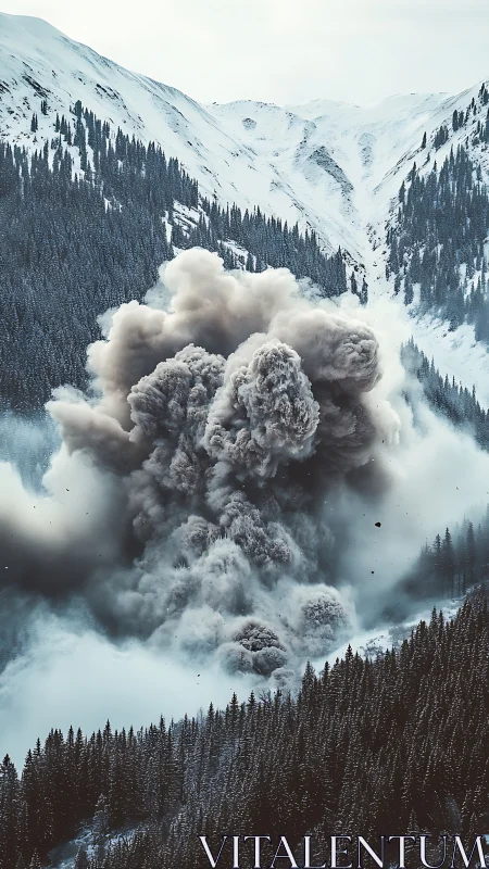 Explosive avalanche cloud erupting through snowy pine valley.