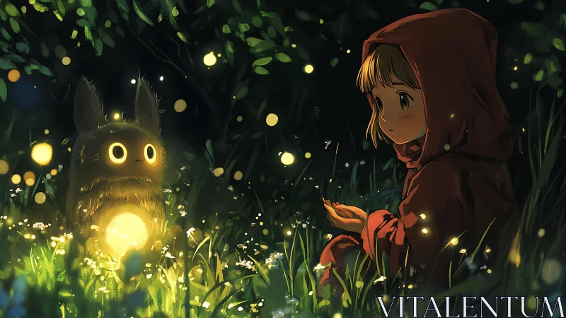 Child meets glowing forest spirit in luminous night meadow.