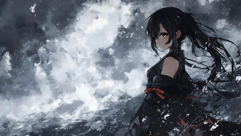 Dark-haired anime figure before turbulent cloudy sky.