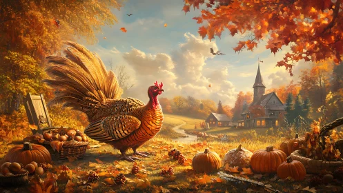 Majestic autumn turkey guards a golden harvest farmhouse