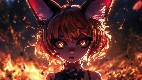 Foxfire gaze carves molten halos through the falling embers