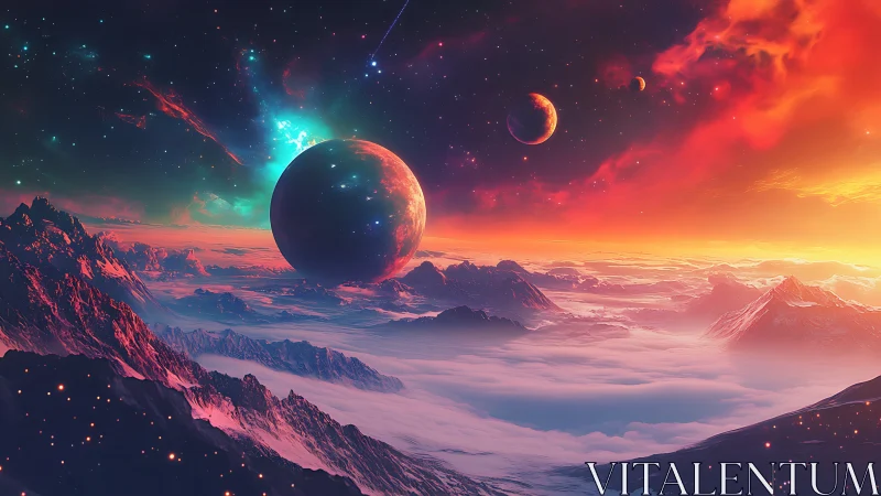 Tri-planetary nebula sky over misted alien ridge-valley basin