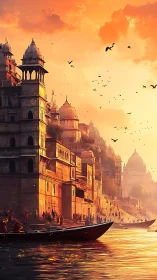 Sunlit riverfront temples under glowing cinematic skyscape.