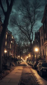 Quiet cobblestone street glows under moody evening sky